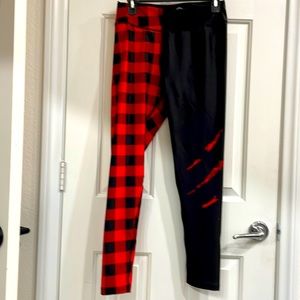 Black and red half and half flannel leggings